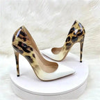 Pair of Leopard Print Gradient Leather Heels with pointed toe and high stiletto heel. Shop women's fashion pumps at FashionFitz.