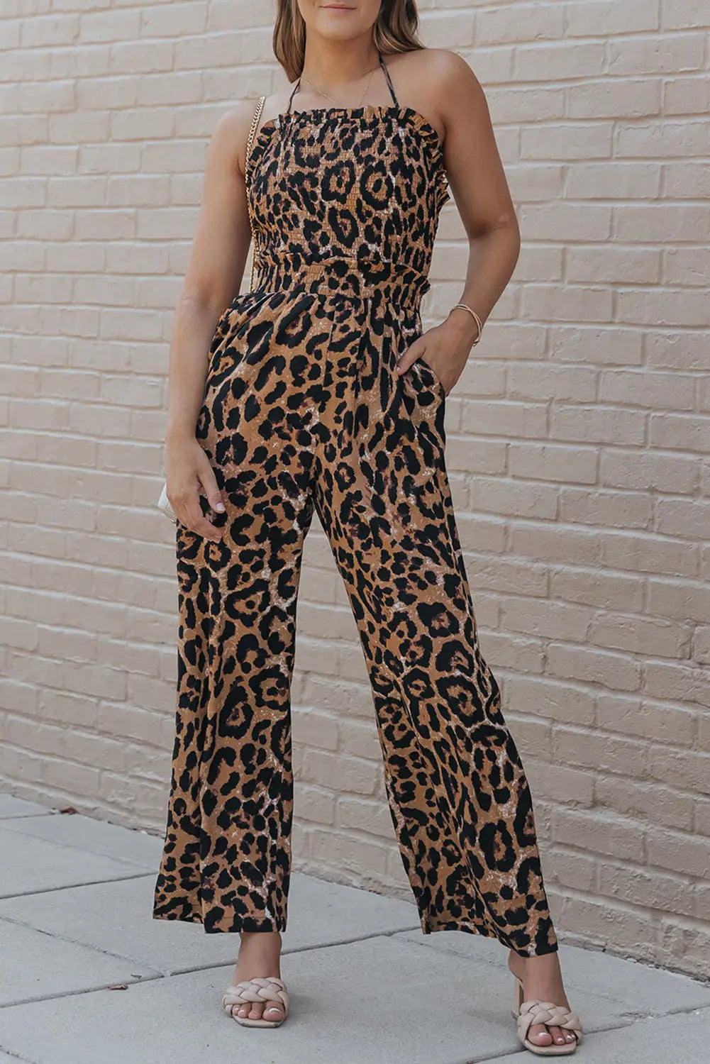 Leopard print halter neck backless wide leg jumpsuit - jumpsuits & rompers