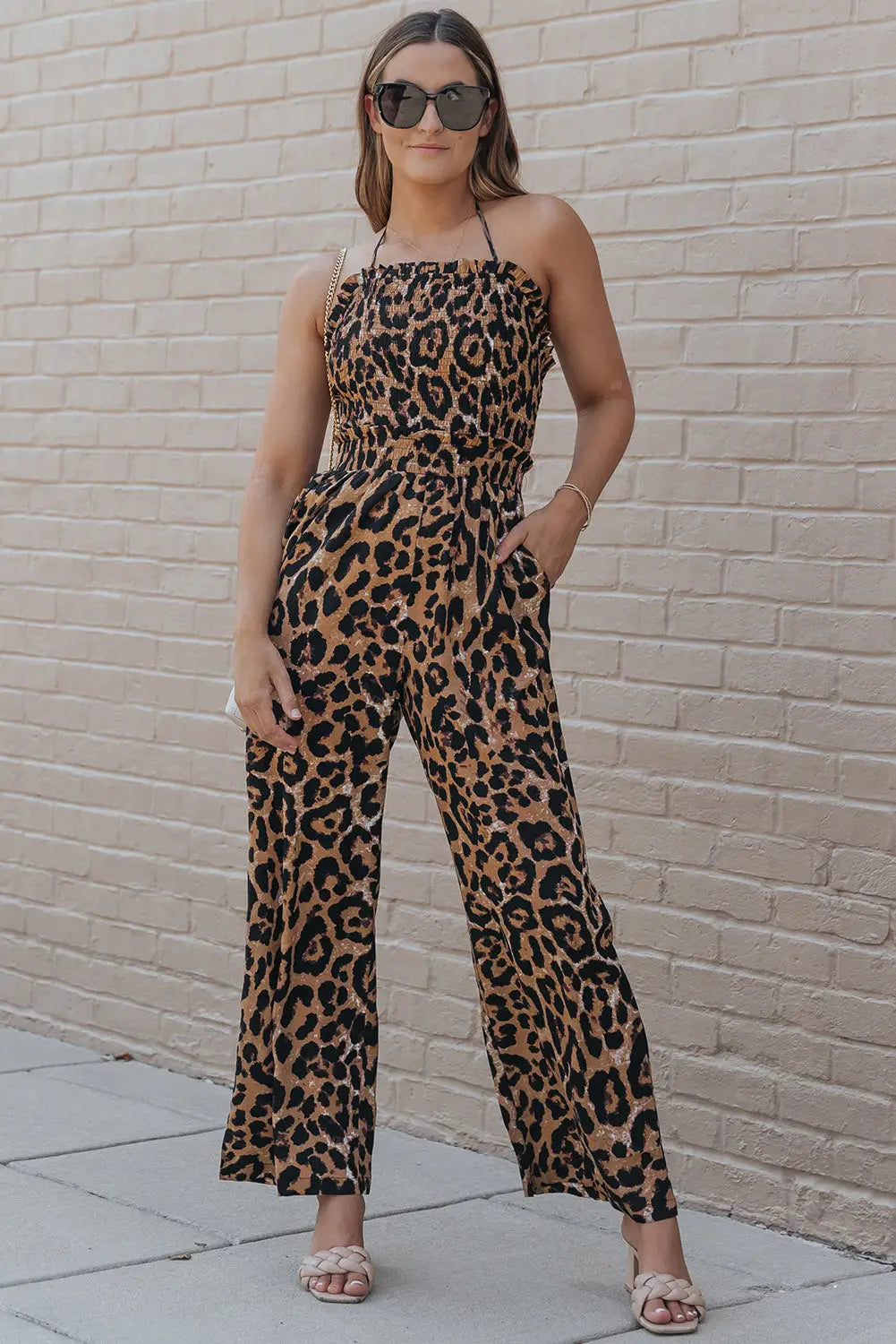 Leopard print halter neck backless wide leg jumpsuit - s 100% polyester jumpsuits & rompers