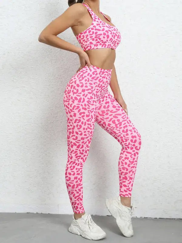 Leopard print hip lifting high waist activewear set - leggings sets