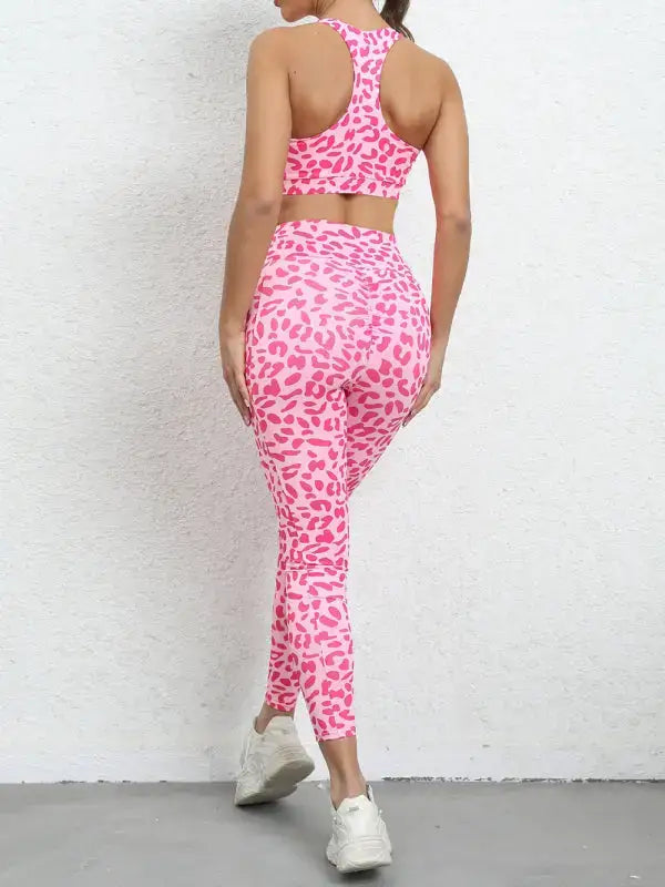 Leopard print hip lifting high waist activewear set - leggings sets