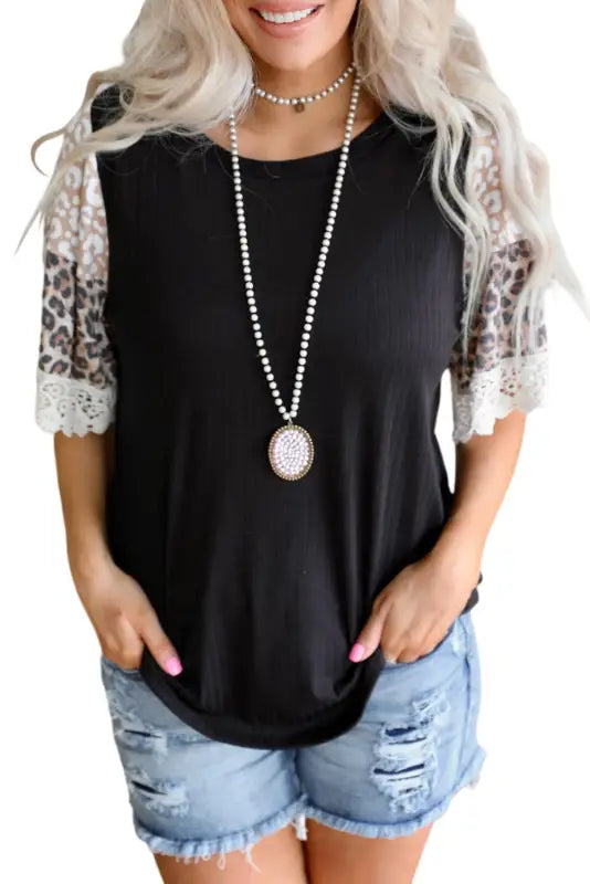 Leopard print lace splicing loose top - t-shirts