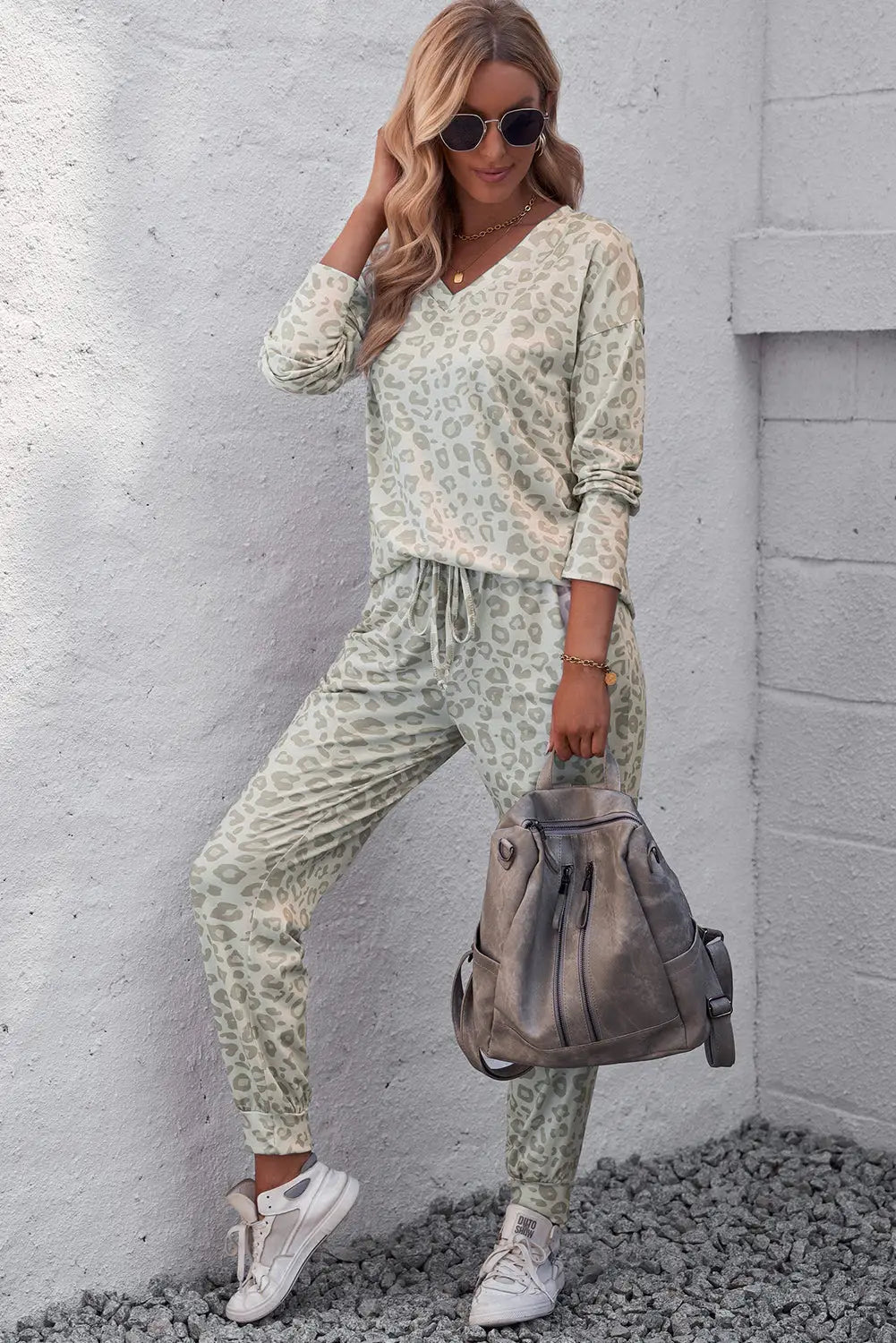 Leopard print long sleeve top & drawstring joggers loungewear