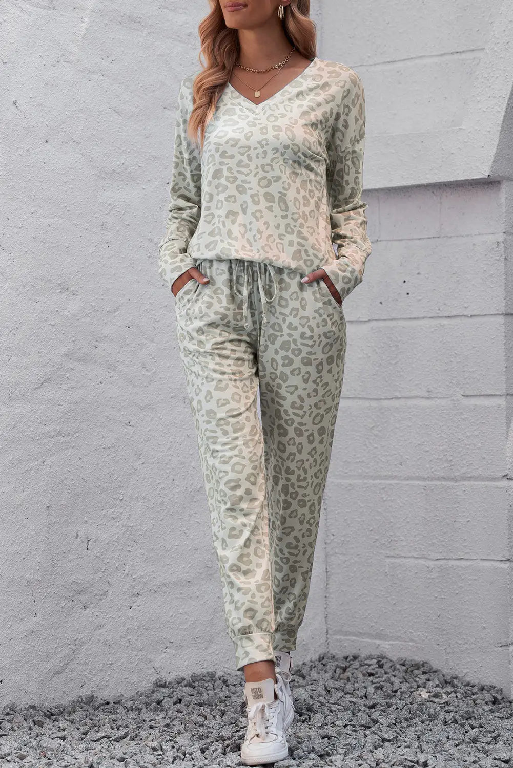 Leopard print long sleeve top & drawstring joggers loungewear - s / 95% polyester + 5% elastane