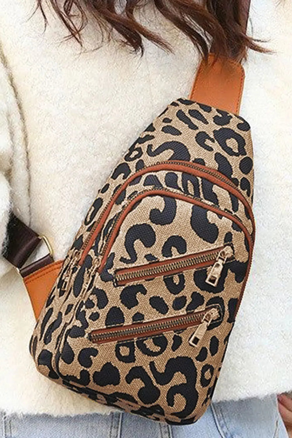 Leopard print multi-zip inclined shoulder bag - one size / polyester fiber - crossbody bags