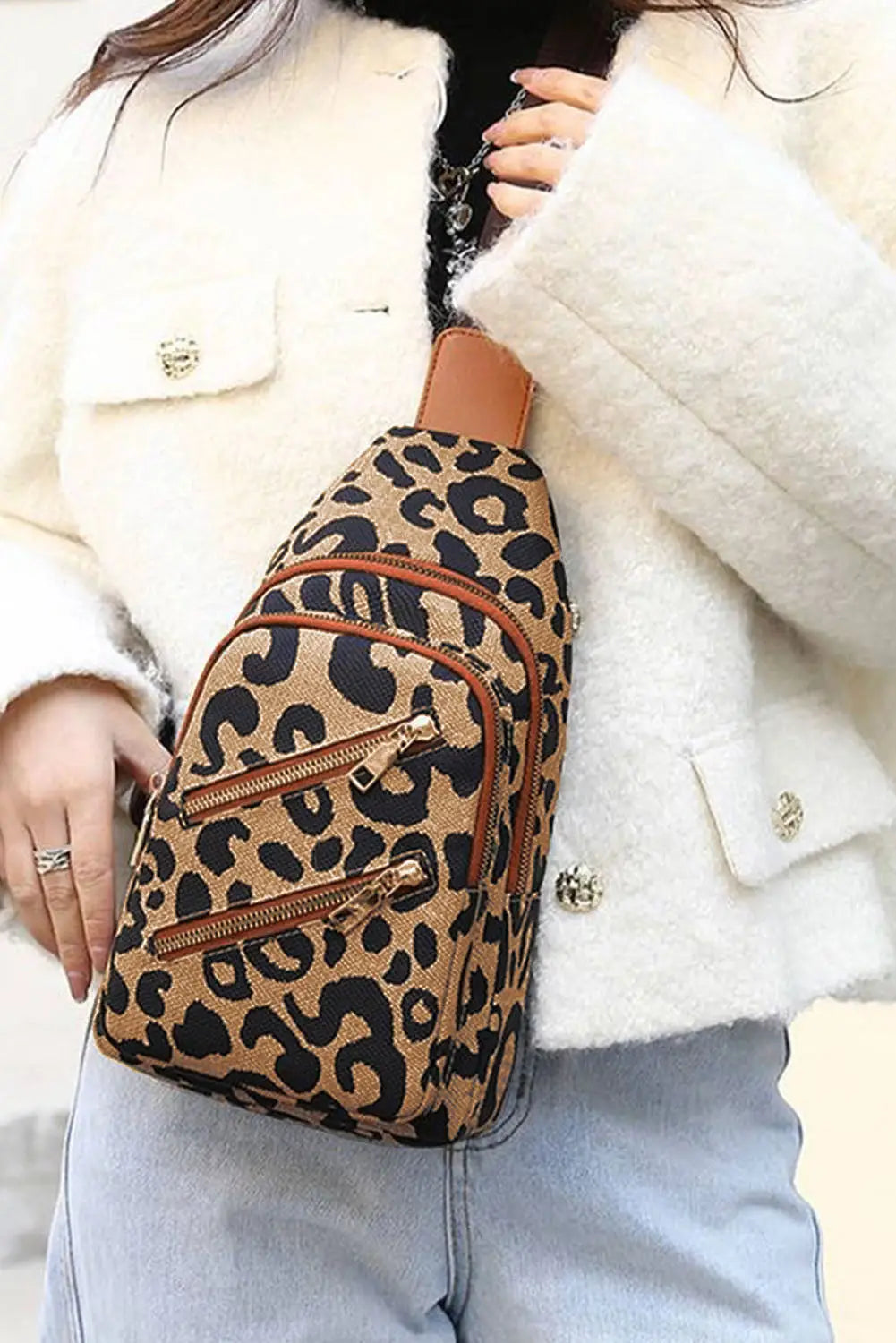 Leopard print multi-zip inclined shoulder bag - one size / polyester fiber - crossbody bags