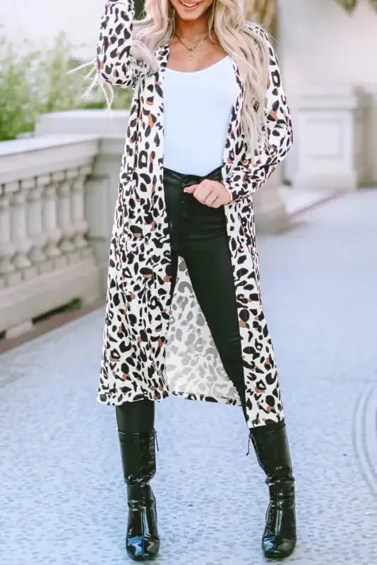 Leopard Print Open Front Duster Cardigan - Fashionfitz