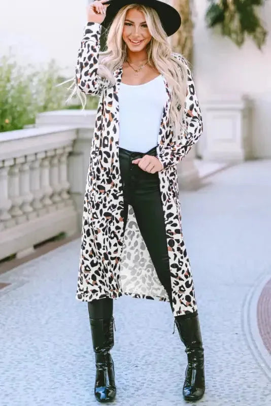 Woman wearing leopard print open front duster cardigan front view Fashionfitz UK