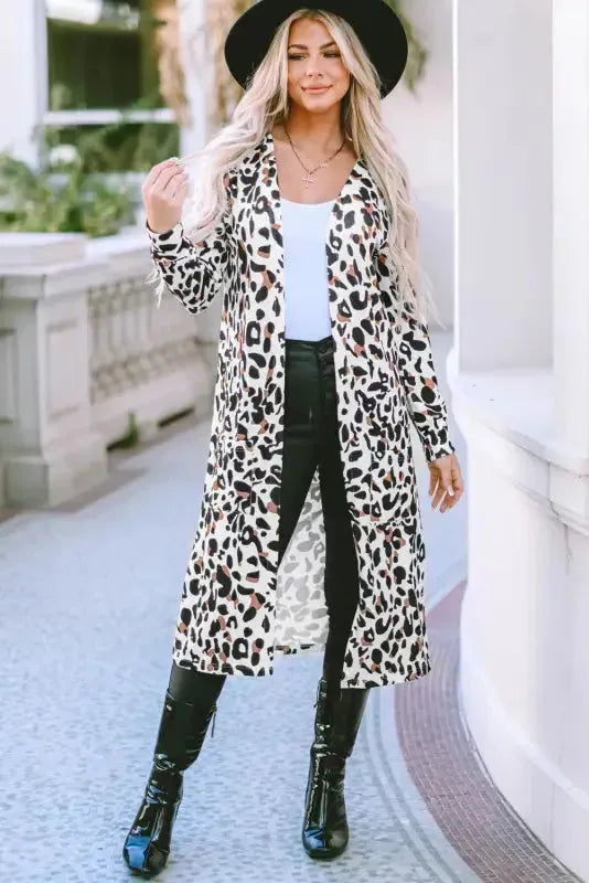 Close-up of all-over leopard print and side pocket on open front duster cardigan Fashionfitz UK