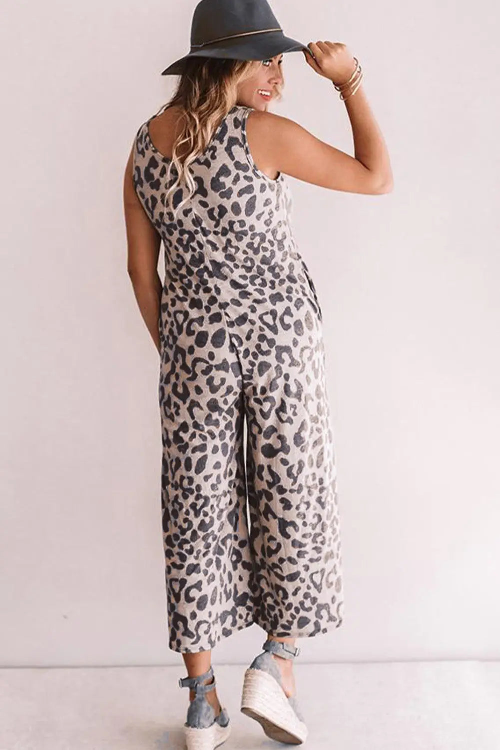 Leopard print pockets wide leg sleeveless jumpsuit - jumpsuits & rompers