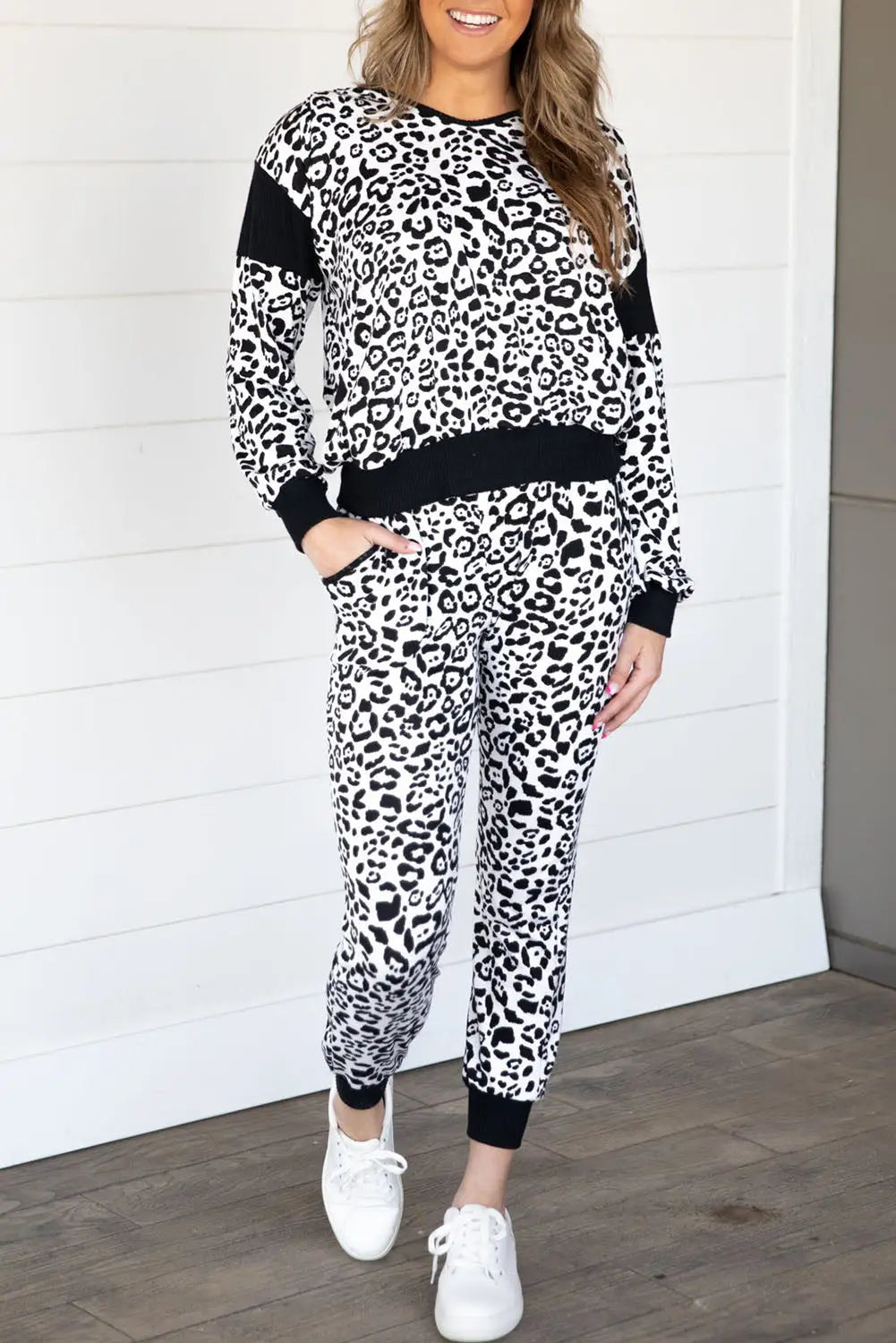 Leopard print pullover and joggers set - black / s /