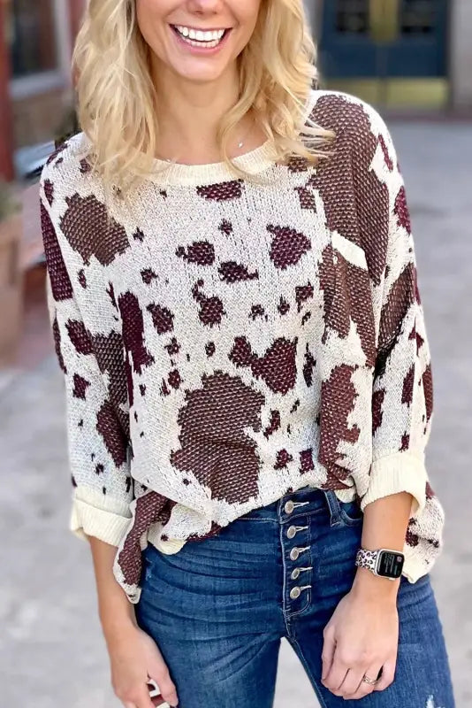 Leopard print side slit knit sweater - xl / 100% acrylic - sweaters & cardigans