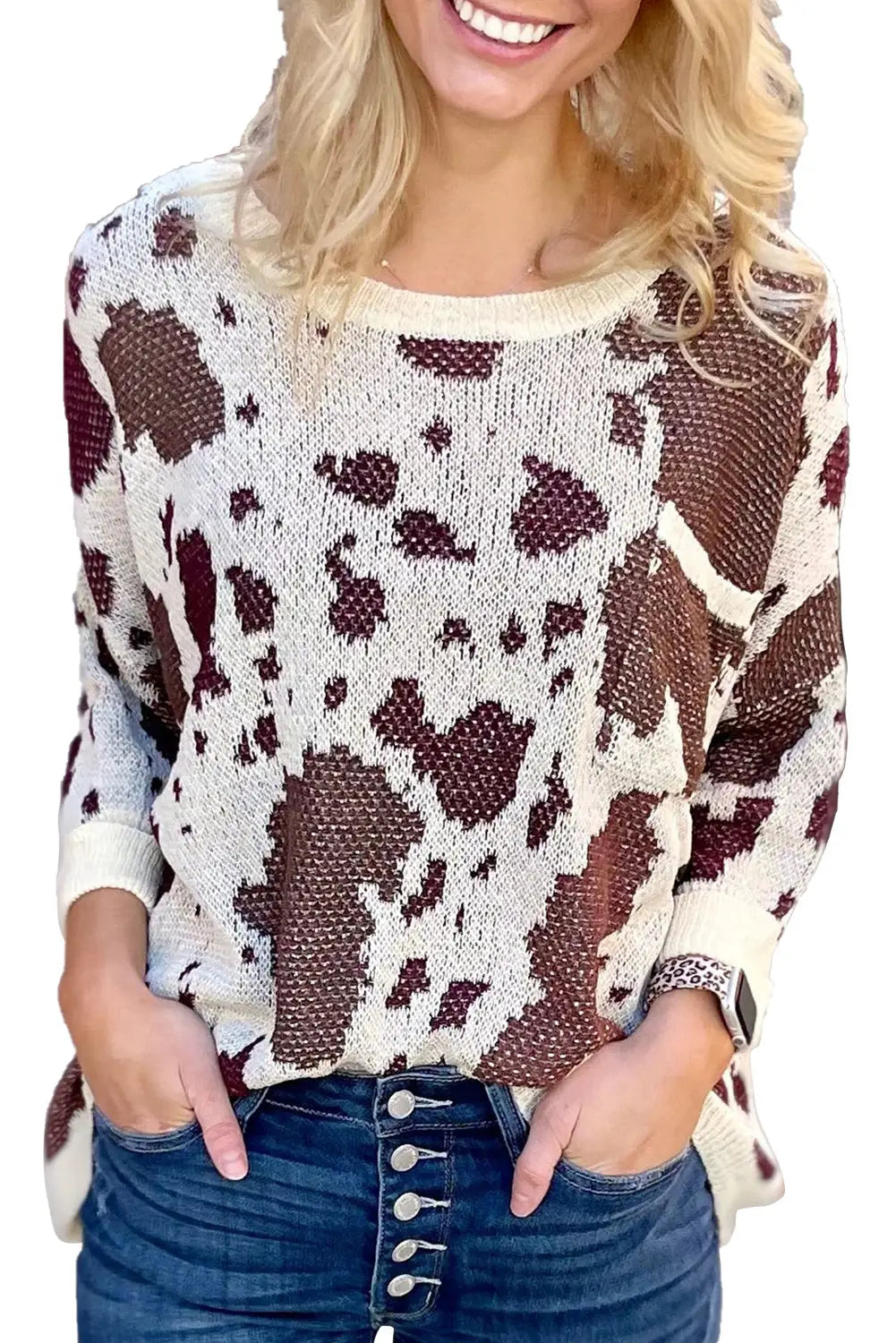 Leopard print side slit knit sweater - xl / 100% acrylic - sweaters & cardigans
