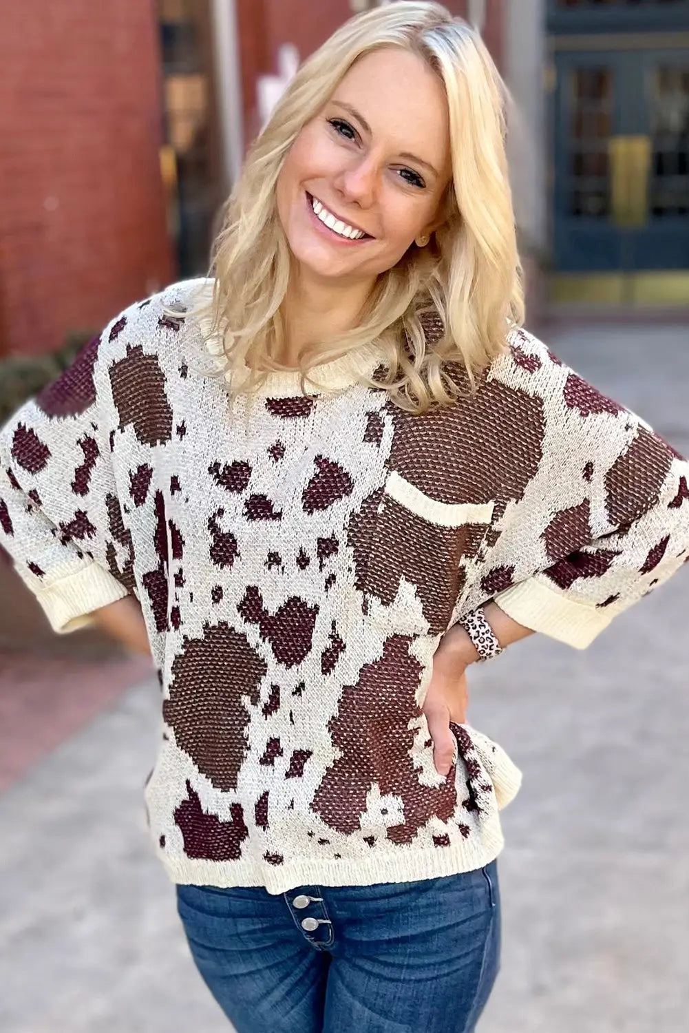 Leopard print side slit knit sweater - xl / 100% acrylic - sweaters & cardigans