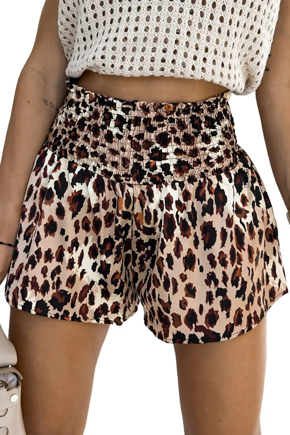 Leopard print smocked waistband high waist casual shorts