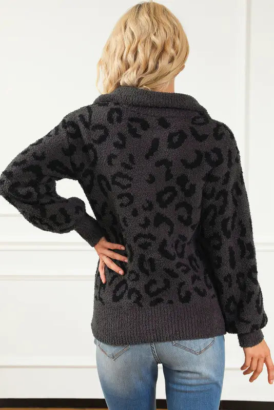 Leopard print zipped collared sweater - sweaters