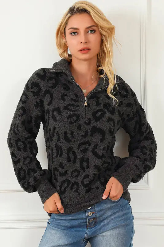 Leopard print zipped collared sweater - sweaters