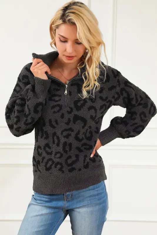 Leopard print zipped collared sweater - sweaters