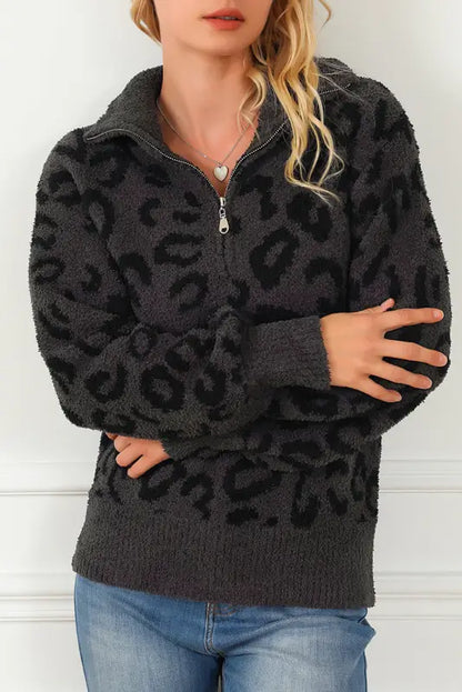 Leopard print zipped collared sweater - s / 100% polyester - sweaters