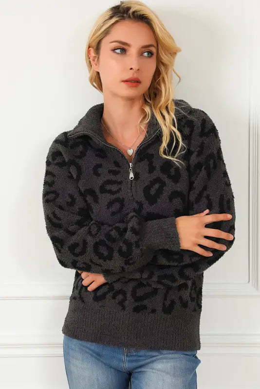 Leopard print zipped collared sweater - sweaters