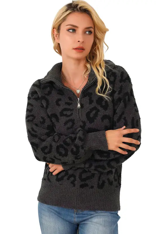 Leopard print zipped collared sweater - sweaters