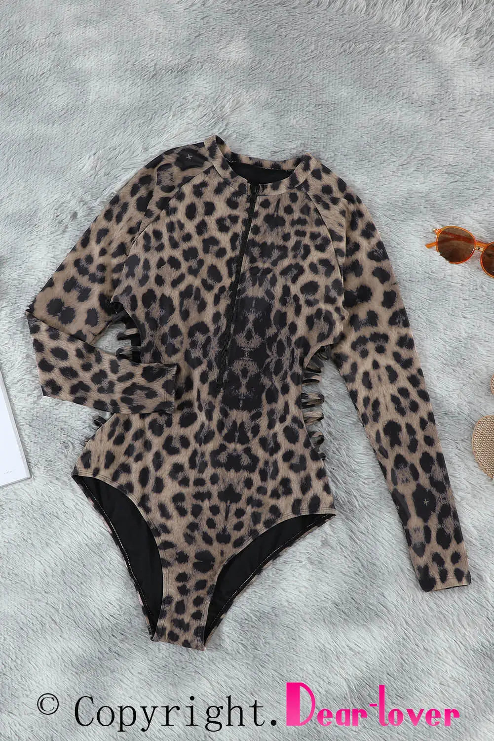 Leopard print zipper cut-out rash guard swimsuit - guards