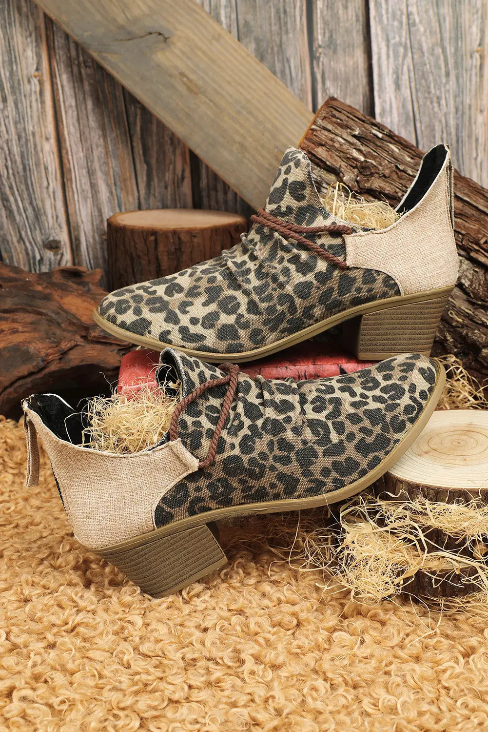 Leopard retro canvas patchwork chunky heel booties - 37 /
