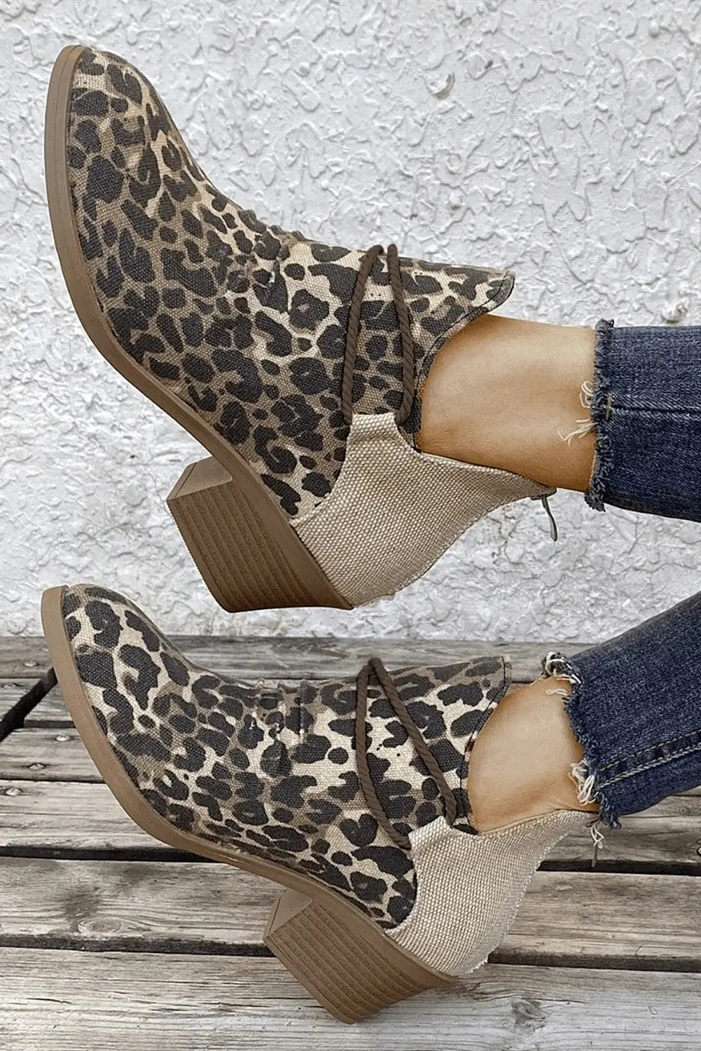Leopard retro canvas patchwork chunky heel booties - shoes &