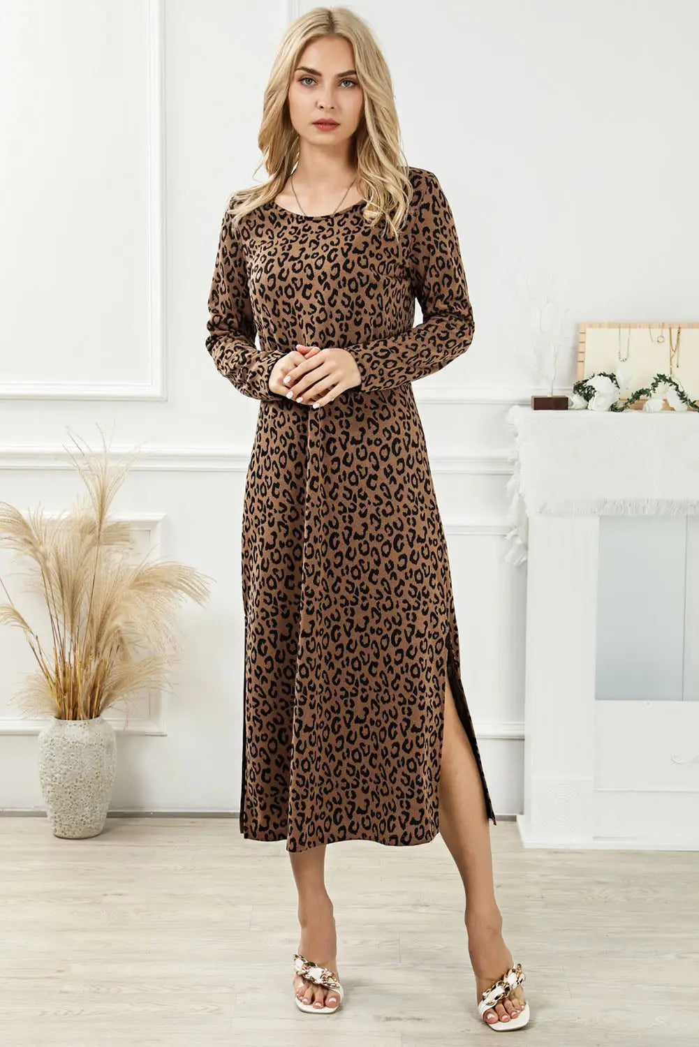 Leopard round neck long sleeve split dress - maxi dresses