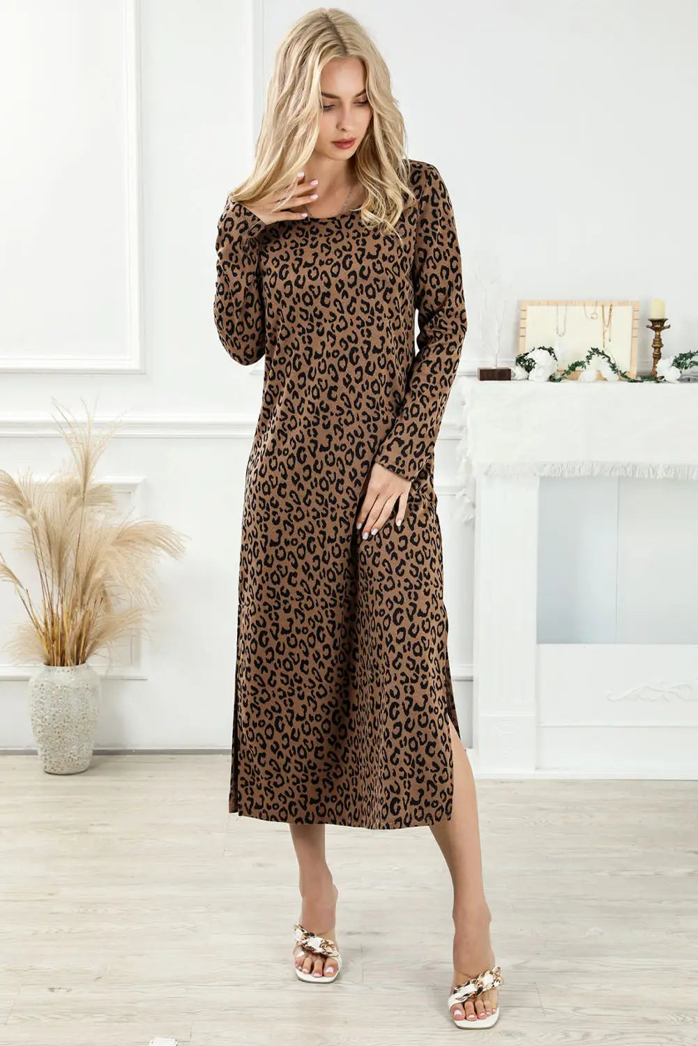 Leopard round neck long sleeve split dress - maxi dresses