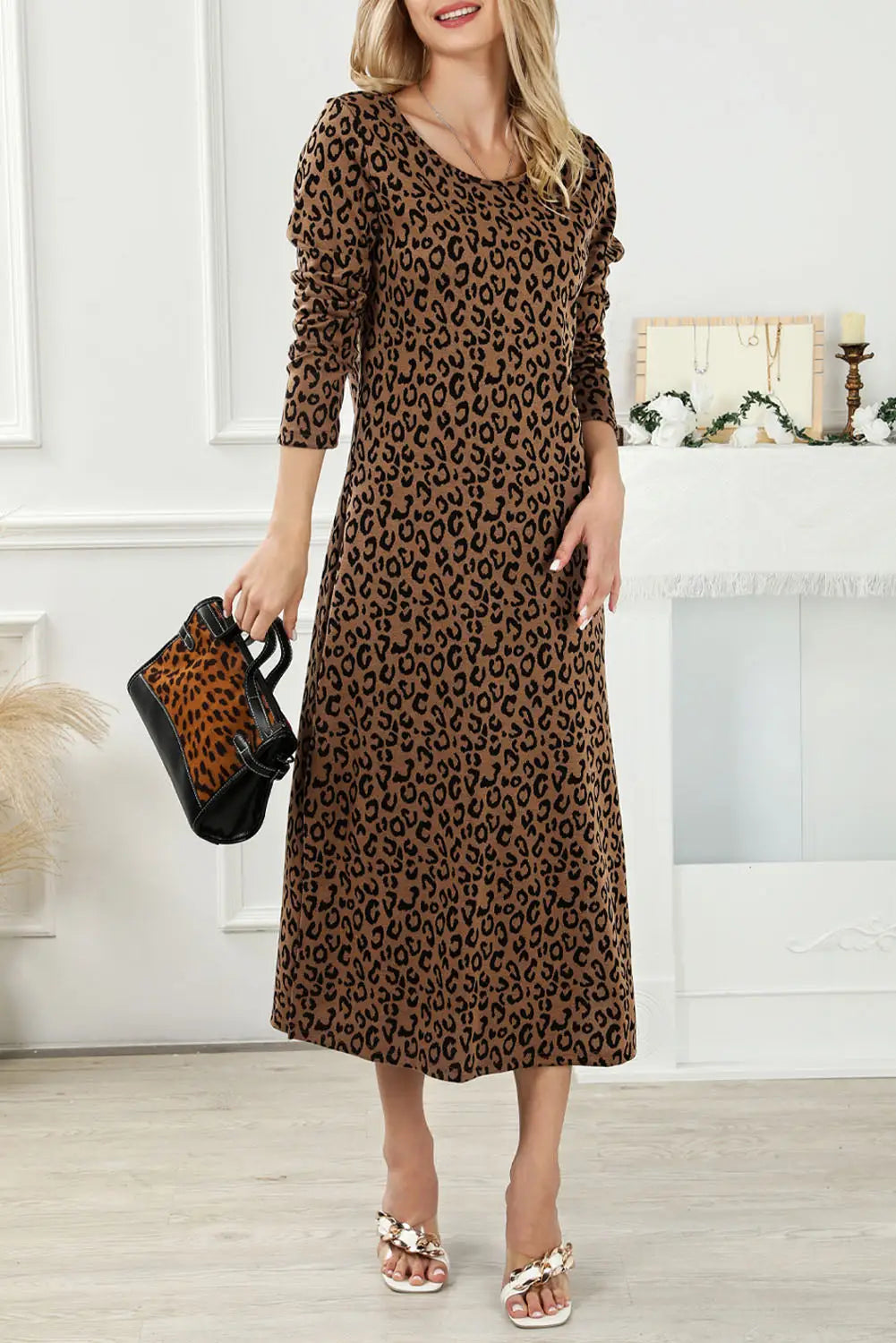 Leopard round neck long sleeve split dress - s / 95% polyester + 5% elastane - maxi dresses