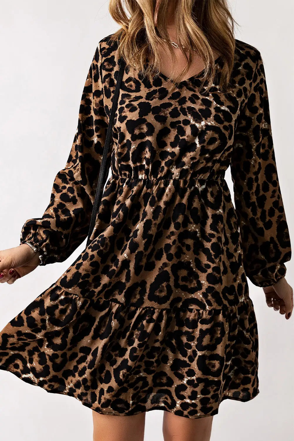 Leopard ruffled elastic cuff mini dress - dresses