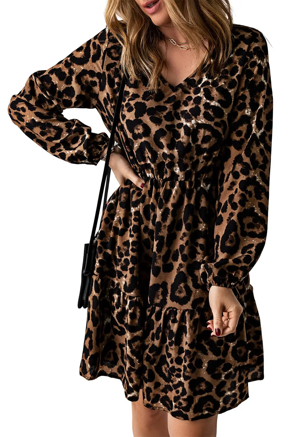 Leopard ruffled elastic cuff mini dress - dresses