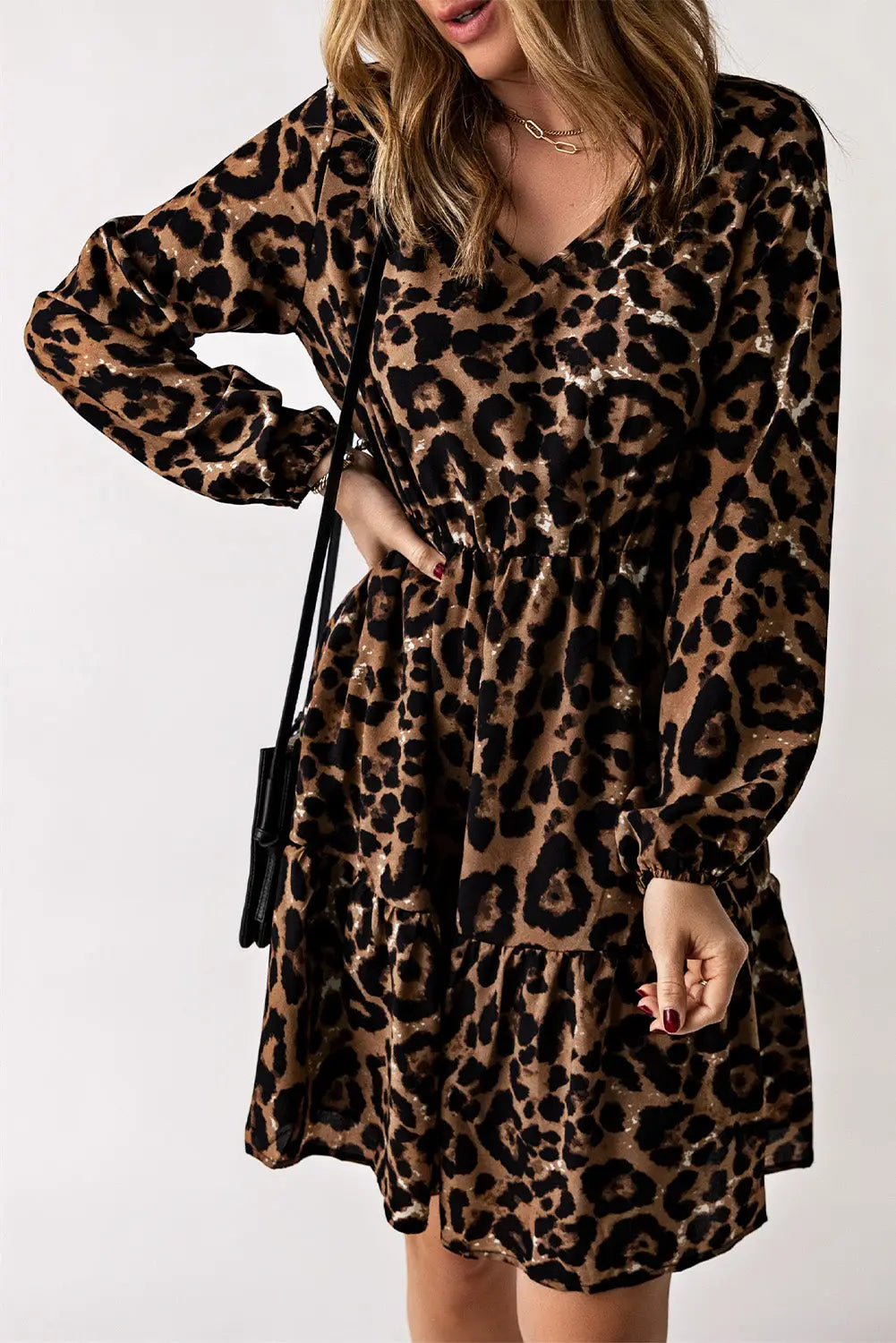 Leopard ruffled elastic cuff mini dress - s / 100% polyester - dresses