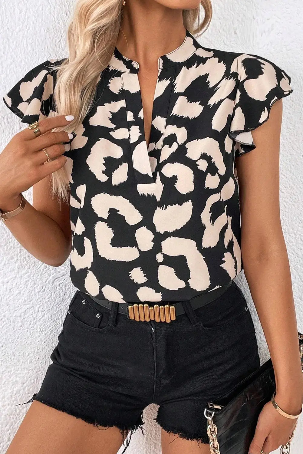 Leopard ruffled flutter sleeve split neck blouse - black / s / 100% polyester - tops/blouses & shirts