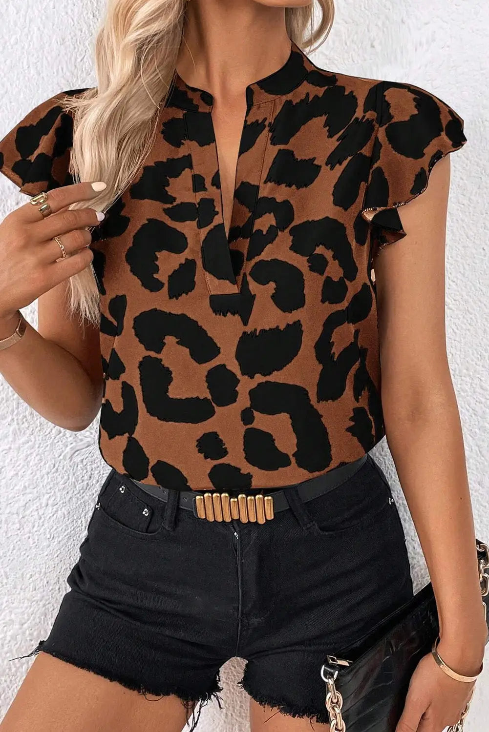 Leopard ruffled flutter sleeve split neck blouse - brown / s / 100% polyester - tops/blouses & shirts