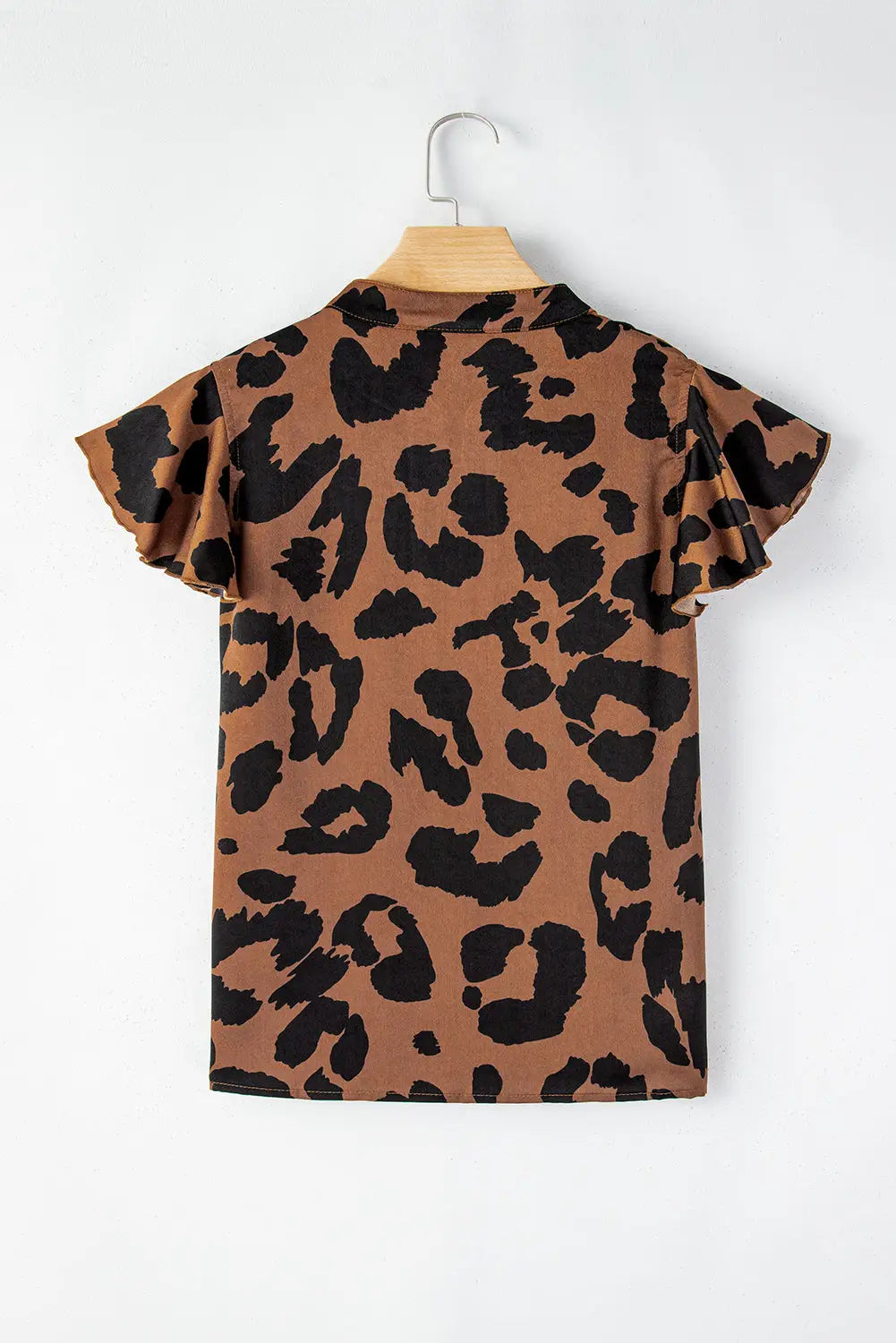 Leopard ruffled flutter sleeve split neck blouse - tops/blouses & shirts