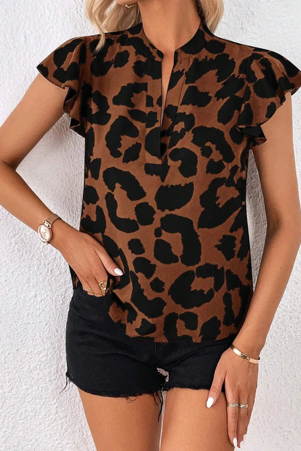 Leopard ruffled flutter sleeve split neck blouse - tops/blouses & shirts
