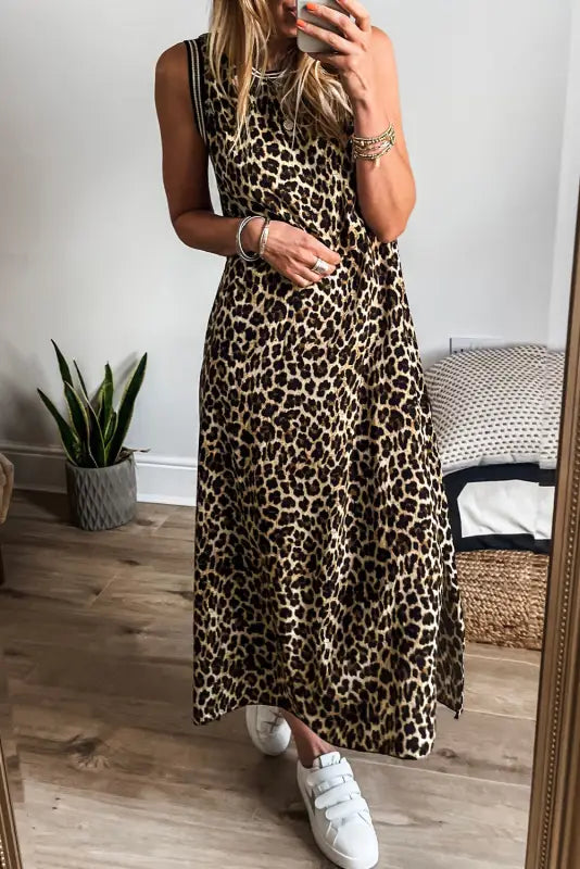 Leopard sleeveless maxi dress | fashionfitz