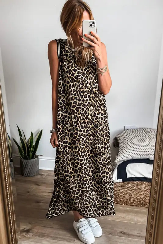 Leopard sleeveless maxi dress | fashionfitz