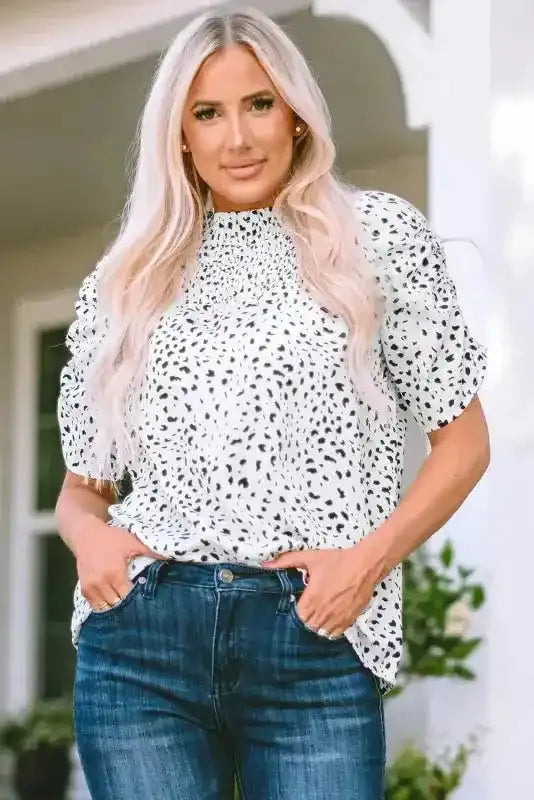 Leopard Smocking Detail Bubble Sleeve Blouse - Fashionfitz