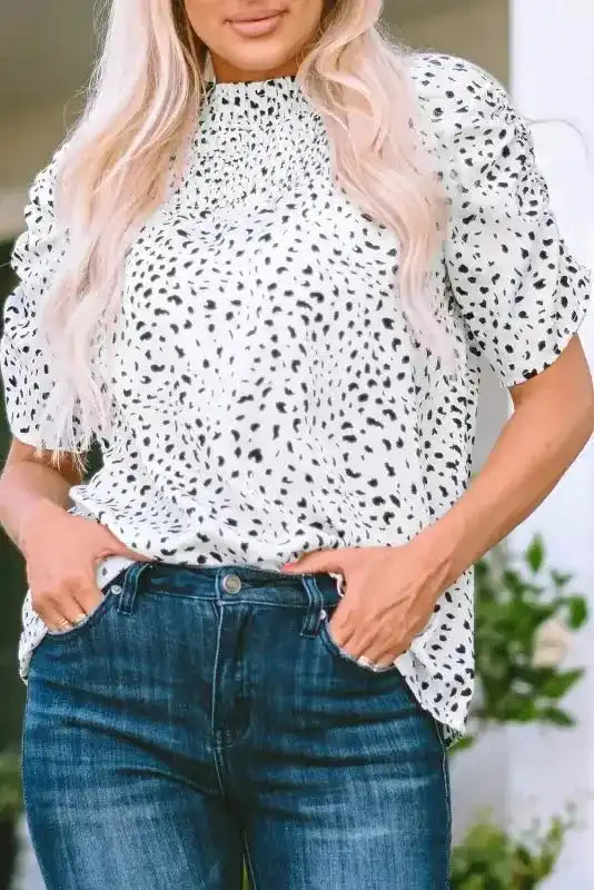 Leopard print bubble sleeve smocked blouse front view — Fashionfitz UK