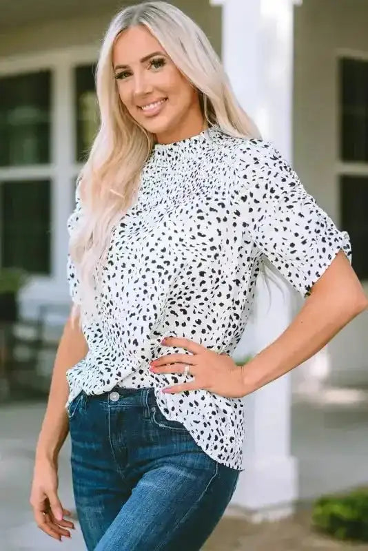 Leopard Smocking Detail Bubble Sleeve Blouse - Fashionfitz