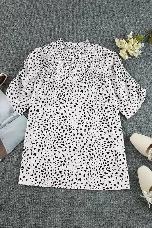 Leopard Smocking Detail Bubble Sleeve Blouse - Fashionfitz