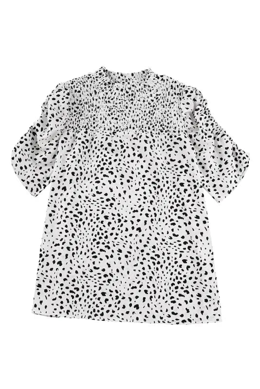 Leopard smocking detail bubble sleeve blouse - tops