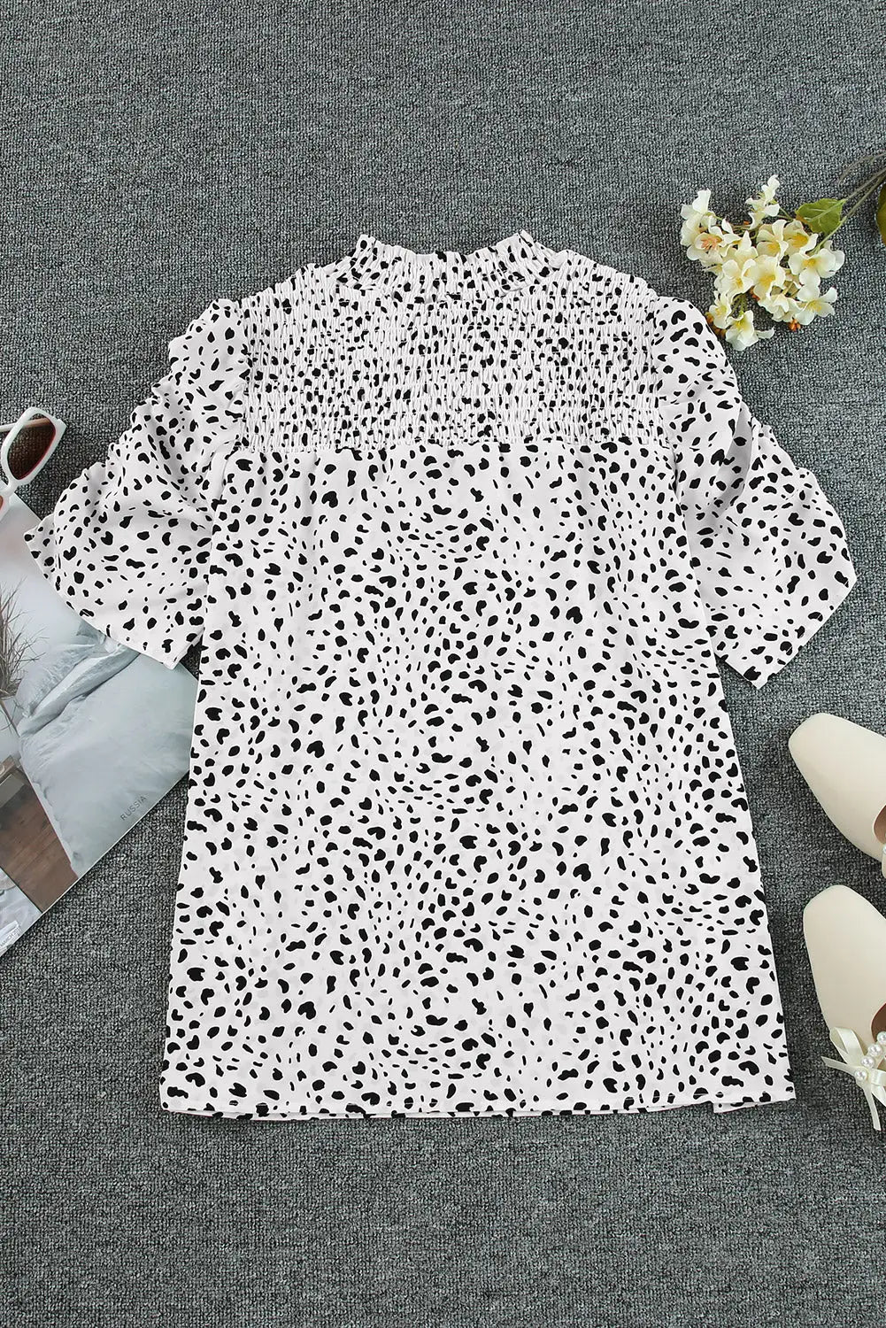 Leopard smocking detail bubble sleeve blouse - tops