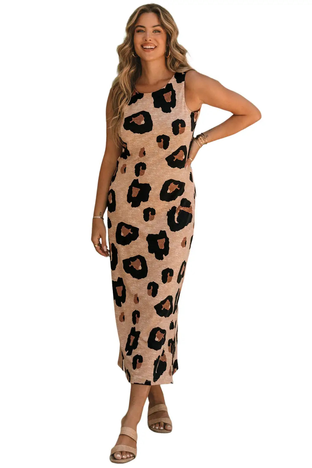 Leopard split open back sleeveless maxi dress - dresses