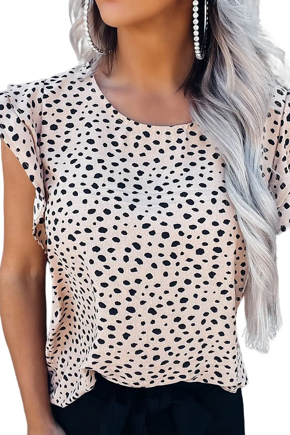 Leopard spotted print o-neck ruffled tank top - tops