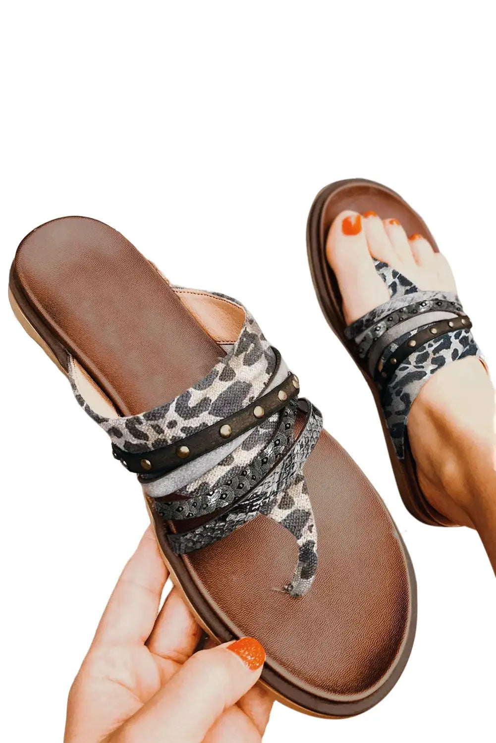 Leopard studded animal print flip flop sandals - slippers