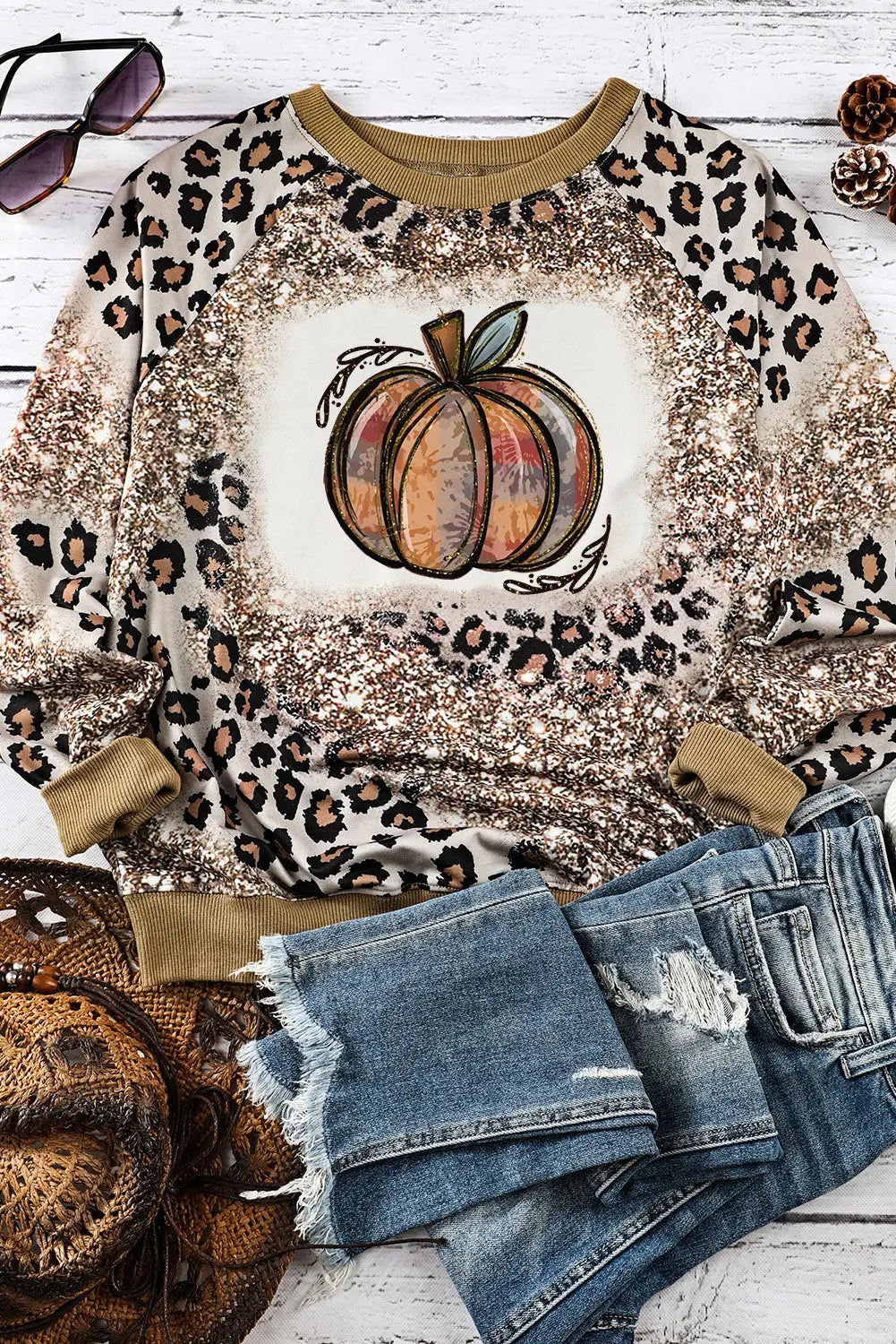 Leopard tie dyed polished pumpkin graphic long sleeve top